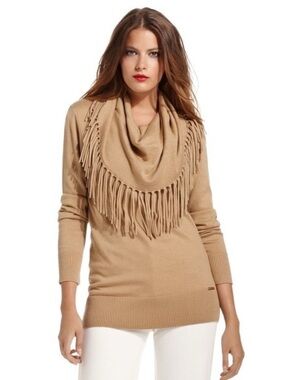 Michael Kors Fringed Cowl-Neck Tan Sweater ▫️⚜️🤍